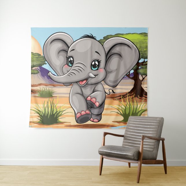 Elephant Baby Jumping Happy in African Savannah Tapestry (In Situ (Horizontal))