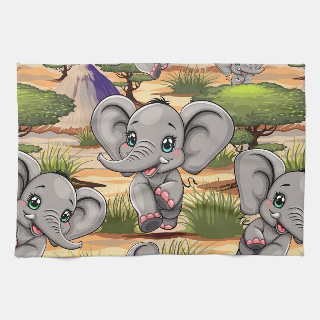 Elephant Baby Jumping Happy in African Savannah Tea Towel (Horizontal)