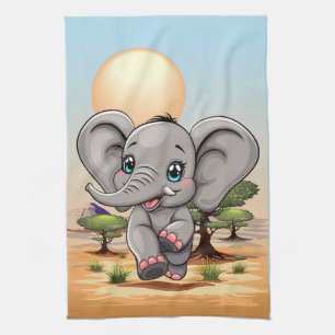 Elephant Baby Jumping Happy in African Savannah Tea Towel