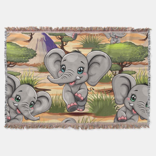 Elephant Baby Jumping Happy in African Savannah Throw Blanket (Front)