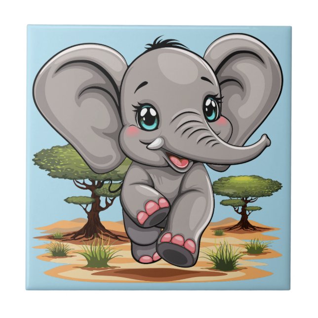 Elephant Baby Jumping Happy in African Savannah Tile (Front)