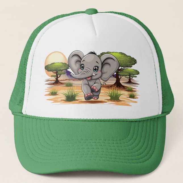 Elephant Baby Jumping Happy in African Savannah Trucker Hat (Front)