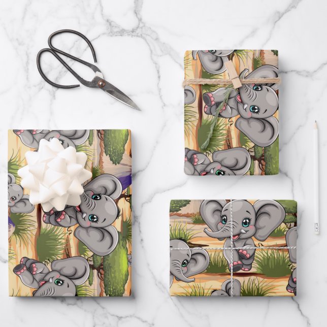 Elephant Baby Jumping Happy in African Savannah Wrapping Paper Sheet (Front)