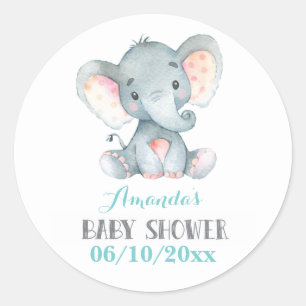 Elephant Baby Shower Aqua and Grey Classic Round Sticker