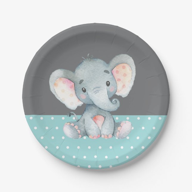 Elephant Baby Shower Aqua Teal Turquoise and Grey Paper Plate (Front)