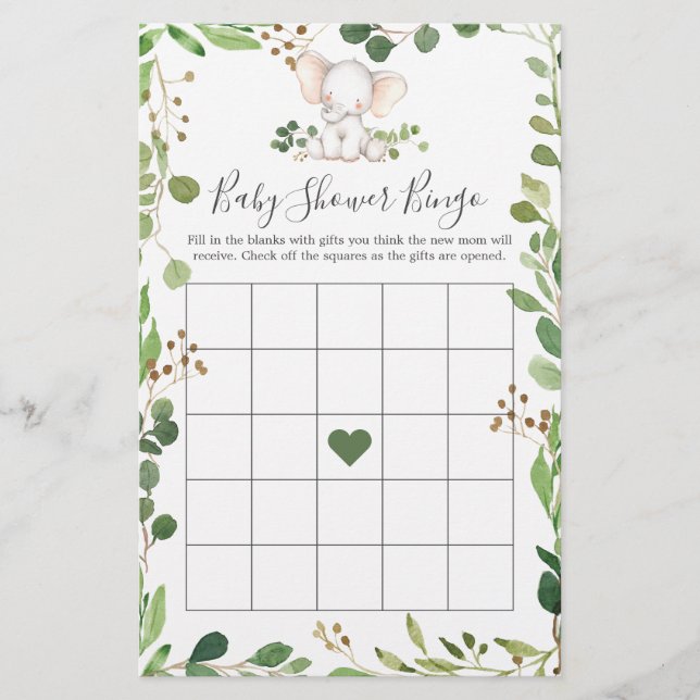Elephant Baby Shower Bingo Game (Front)