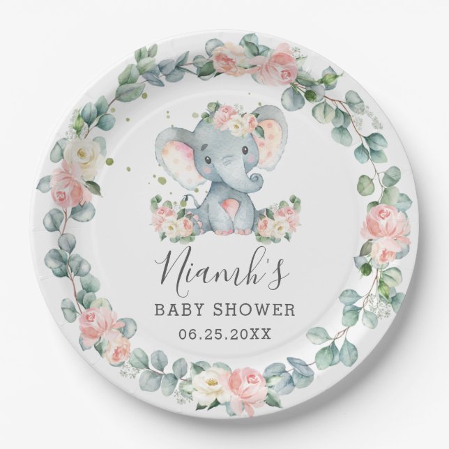 Elephant Baby Shower Birthday Floral Greenery Girl Paper Plate (Front)