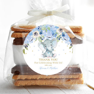 Elephant Baby Shower Blue Floral Thank You Favour Classic Round Sticker