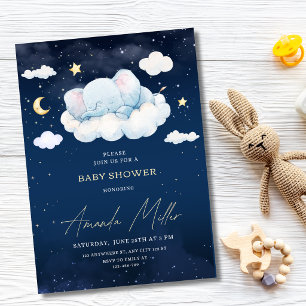 Elephant Baby Shower Blue Night Sky Moon Stars Invitation