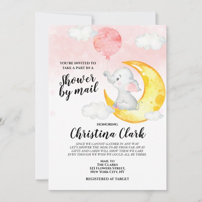 Elephant Baby Shower by Mail Baby Girl Pink Invitation (Front)