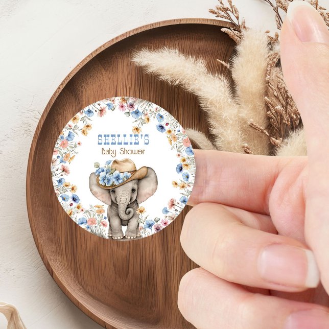 Elephant Baby Shower Cowboy Hat Boho Wildflowers Classic Round Sticker (Stickers from the Boho Elephant Baby Shower Collection by Darling & May)