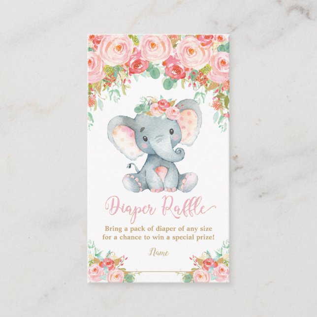 Elephant Baby Shower Diaper Raffle Baby Girl Enclosure Card (Front)