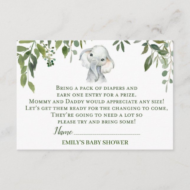 Elephant Baby Shower Diaper Raffle Card (Front)