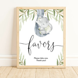 Elephant baby shower favours sign greenery gold 