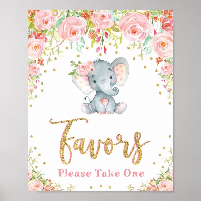 Elephant Baby Shower Favours Sign Pink Roses Girly (Front)