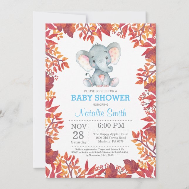 Elephant Baby Shower Floral Fall Autumn Invitation (Front)