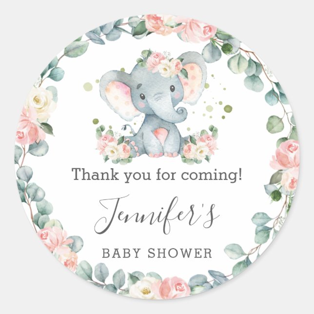 Elephant Baby Shower Floral Greenery Thank You Classic Round Sticker (Front)