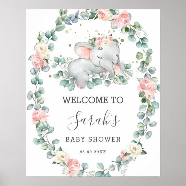 Elephant Baby Shower Floral Greenery Welcome Poster (Front)