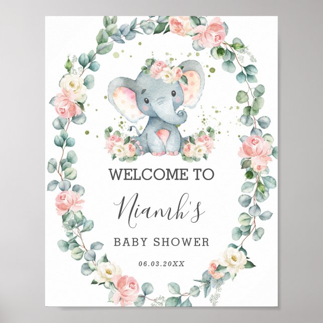 Elephant Baby Shower Floral Greenery Welcome Poster (Front)