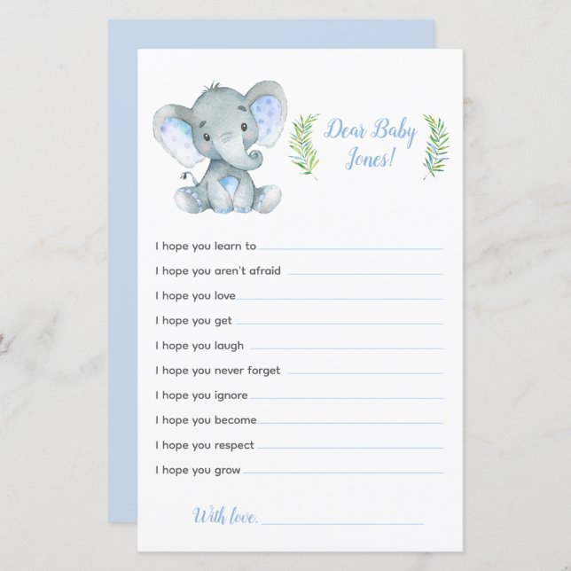 Elephant Baby Shower Game Dear Baby Wishes (Front/Back)