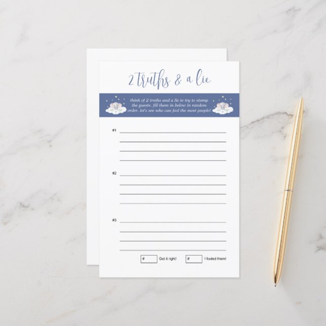 Elephant Baby Shower Game Two Truths and a Lie (Front/Back In Situ)