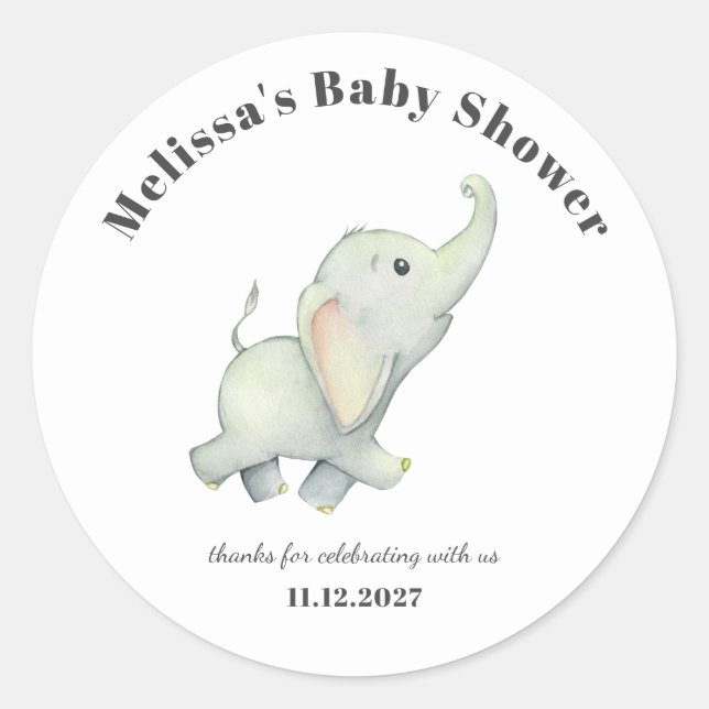 Elephant Baby Shower Gender Neutral Personalised Classic Round Sticker (Front)