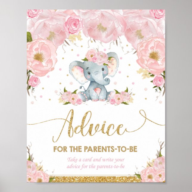 Elephant Baby Shower Girl Advice for Parents to Be Poster (Front)