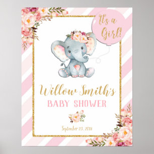 Elephant Baby Shower Girl Pink Welcome Poster Sign