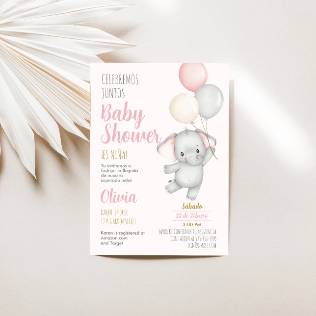 Elephant Baby Shower Girl Spanish Invitation (Creator Uploaded)
