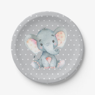 Elephant Baby Shower Grey Paper Plate