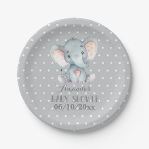 Elephant Baby Shower Grey Paper Plate