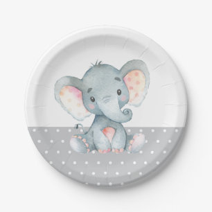 Elephant Baby Shower Grey Paper Plate