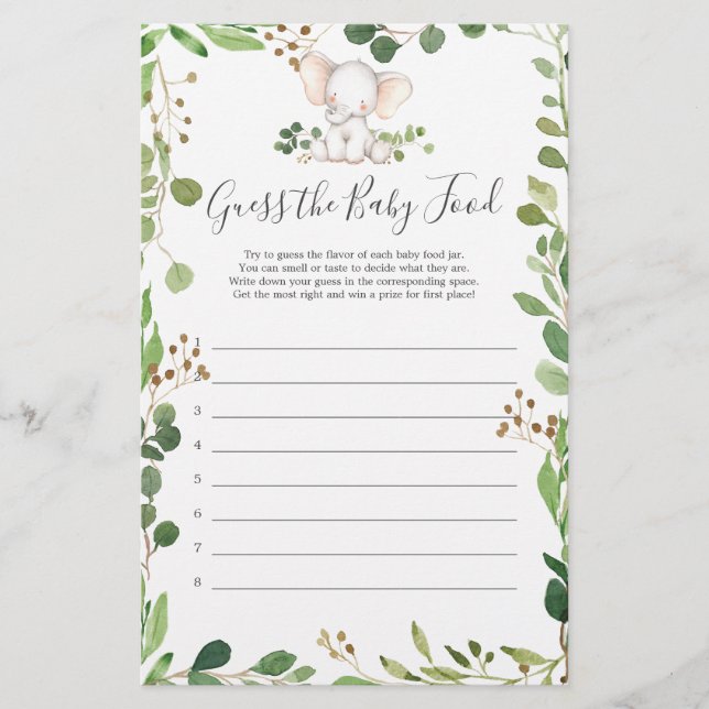 Elephant Baby Shower Guess The Baby Food (Front)