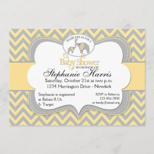 Elephant Baby Shower in Chevron Yellow and Grey Invitation