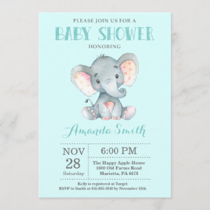 Elephant Baby Shower Invitation Aqua and Grey