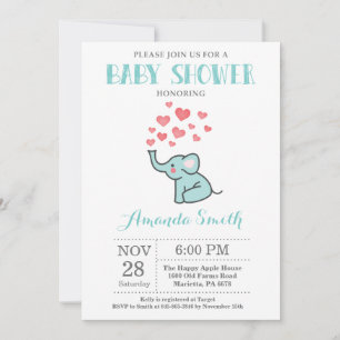 Elephant Baby Shower Invitation Aqua and Grey