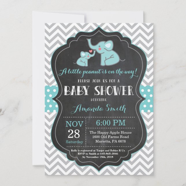 Elephant Baby Shower Invitation Aqua and Grey (Front)