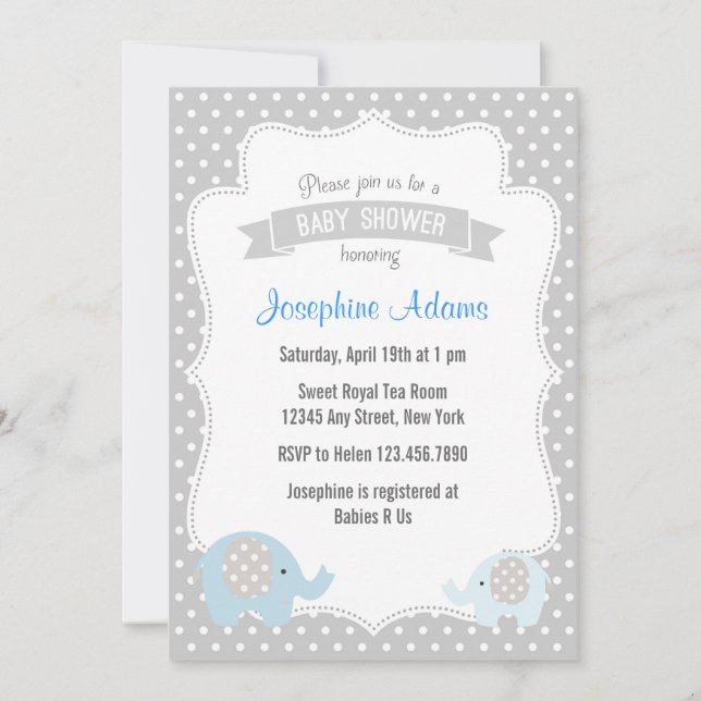 Elephant Baby Shower Invitation Blue (Front)