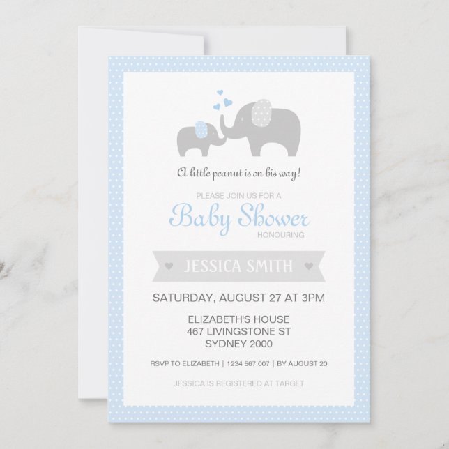 Elephant Baby Shower Invitation - Blue (Front)