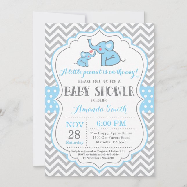 Elephant Baby Shower Invitation Blue and Grey (Front)