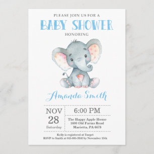 Elephant Baby Shower Invitation Blue and Grey