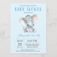 Elephant Baby Shower Invitation Blue and Grey