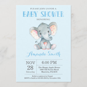 Elephant Baby Shower Invitation Blue and Grey