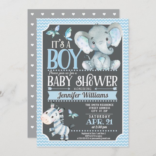 Elephant Baby Shower Invitation, Blue and Grey Invitation (Front/Back)