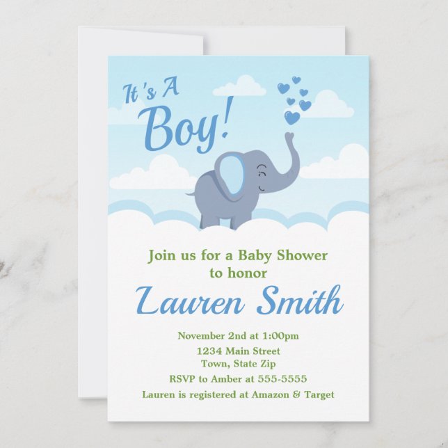 Elephant Baby Shower Invitation Blue Elephant Boy (Front)