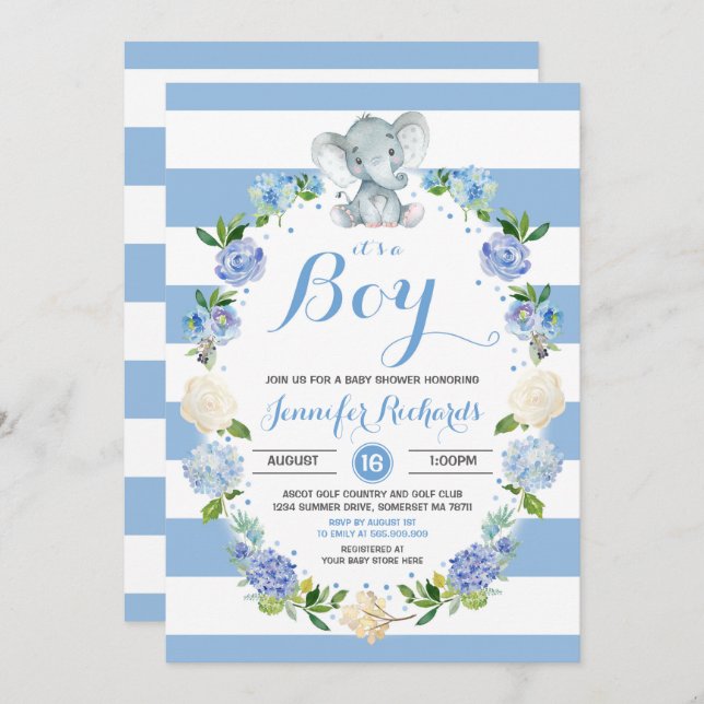 Elephant Baby Shower Invitation Boy Baby Shower (Front/Back)