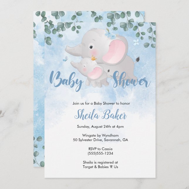 Elephant baby shower invitation boy, Blue elephant (Front/Back)