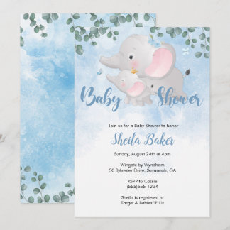 Elephant baby shower invitation boy, Blue elephant