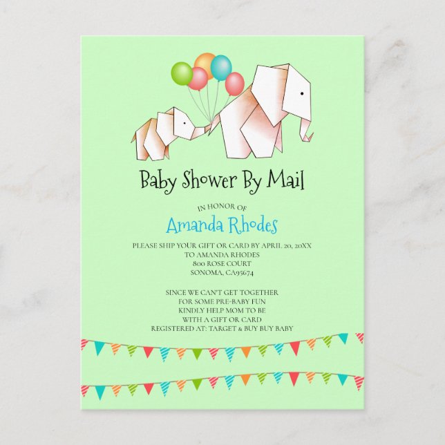 Elephant Baby Shower Invitation By Mail (Front)