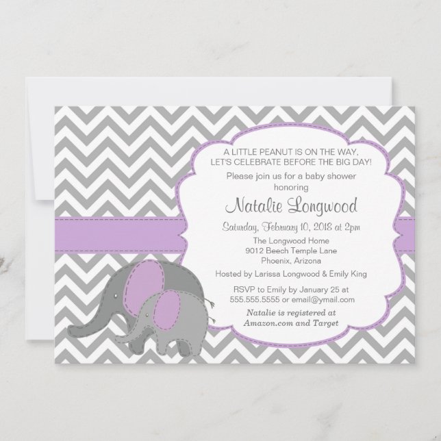 Elephant Baby Shower Invitation, Chevron, purple Invitation (Front)